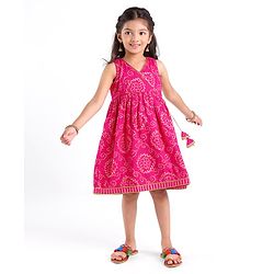 Babyhug 100% Cotton Sleeveless  Bandhani Printed Ethnic Overlap Dress - Fuschia
