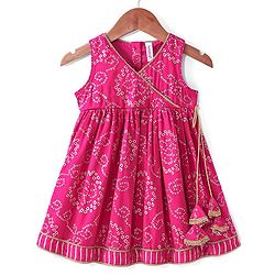 Babyhug 100% Cotton Sleeveless  Bandhani Printed Ethnic Overlap Dress - Fuschia