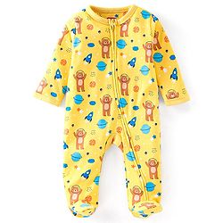 Babyhug Cotton Knit Full Sleeves Bear & Spaceship Printed Footed Sleep Suit - Yellow