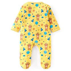 Babyhug Cotton Knit Full Sleeves Bear & Spaceship Printed Footed Sleep Suit - Yellow