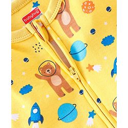 Babyhug Cotton Knit Full Sleeves Bear & Spaceship Printed Footed Sleep Suit - Yellow