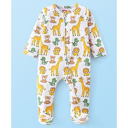 Babyhug Cotton Knit Full Sleeves Sleepsuit Animals Print - White