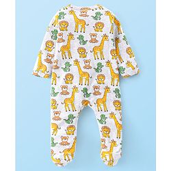 Babyhug Cotton Knit Full Sleeves Sleepsuit Animals Print - White