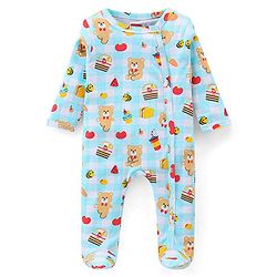 Babyhug Cotton Knit Full Sleeves Footed Sleep Suit With Teddy Print - Blue