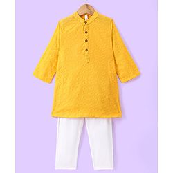 Babyhug 100%  Cotton Full Sleeves Schiffly Kurta Pyjama Set - Yellow