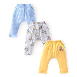 Babyhug Cotton Knit Full Length Striped & Bear Printed Diaper Pants Pack of 3 - Multicolour