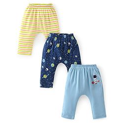 Babyhug Cotton Knit Full Length Diaper Pants Striped & Astronaut Print Pack Of 3 - Multicolour