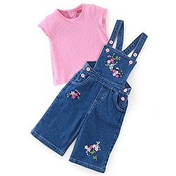 Babyhug 100% Cotton Knit Half Sleeves T-Shirt & Dungaree With Floral Embroidery - Pink & Navy Blue