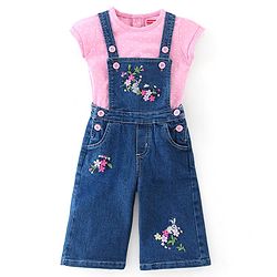 Babyhug 100% Cotton Knit Half Sleeves T-Shirt & Dungaree With Floral Embroidery - Pink & Navy Blue