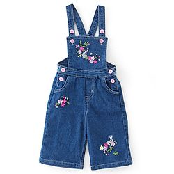 Babyhug 100% Cotton Knit Half Sleeves T-Shirt & Dungaree With Floral Embroidery - Pink & Navy Blue