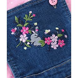 Babyhug 100% Cotton Knit Half Sleeves T-Shirt & Dungaree With Floral Embroidery - Pink & Navy Blue