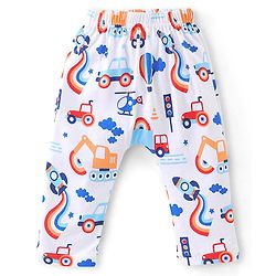 Babyhug Cotton Knit Full Length Diaper Pants Striped & Car Print Pack Of 3 - Red & White