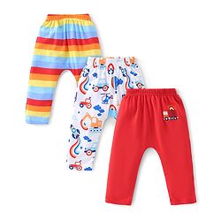 Babyhug Cotton Knit Full Length Diaper Pants Striped & Car Print Pack Of 3 - Red & White