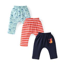 Babyhug Cotton Knit Full Length Diaper Pants Striped & Dino Print Pack Of 3 - Blue & Orange