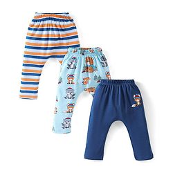 Babyhug Cotton Full Length Diaper Pants Striped & Teddy Print Pack Of 3 - White & Blue