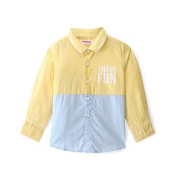 Babyhug Cotton Woven Full Sleeves Regular Rib Collar Text Printed Cut & Sew Shirt - Yellow & Blue