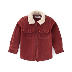 Babyhug 100% Cotton Full Sleeves Fur Collar Solid Corduroy Shirt with Front Zipper - Red