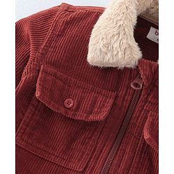 Babyhug 100% Cotton Full Sleeves Fur Collar Solid Corduroy Shirt with Front Zipper - Red