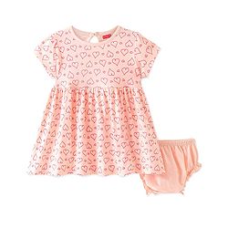 Babyhug 100% Cotton Knit Half Sleeves Frock with Bloomer Heart Print - Peach