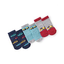 Cute Walk By Babyhug Cotton Knit Anti Bacterial Ankle Length Socks Car Design Pack Of 3 - Multicolour