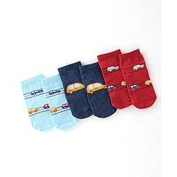 Cute Walk By Babyhug Cotton Knit Anti Bacterial Ankle Length Socks Car Design Pack Of 3 - Multicolour