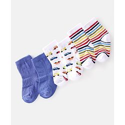 Cute Walk By Babyhug Cotton Knit Anti Bacterial Ankle Length Socks Car Design Pack Of 3 - Multicolour