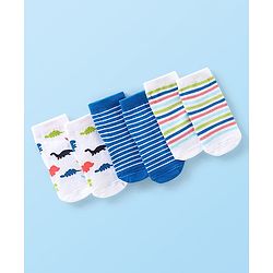 Cute Walk By Babyhug Anti Bacterial Ankle Length Socks Striped & Dino Design Pack Of 3 - Blue & White