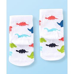 Cute Walk By Babyhug Anti Bacterial Ankle Length Socks Striped & Dino Design Pack Of 3 - Blue & White