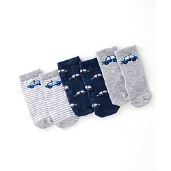 Cute Walk By Babyhug Anti Bacterial Ankle Length Socks Striped & Car Design Pack Of 3 - Blue & Grey