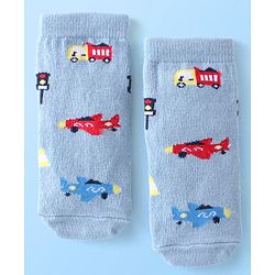 Cute Walk By Babyhug Anti Bacterial Ankle Length Socks Striped & Aircraft Design Pack Of 3 - Blue White & Grey