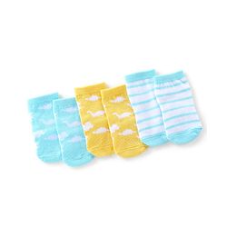 Cute Walk By Babyhug Anti Bacterial Ankle Length Socks Stripes & Dino Design Pack Of 3 - Yellow & Blue