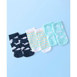 Cute Walk By Babyhug Anti Bacterial Ankle Length Socks Striped & Dino Design Pack Of 3 - Blue & White