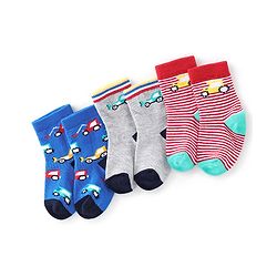 Cute Walk By Babyhug Anti Bacterial Ankle Length Socks Stripes & Construction Vehicle Design Pack Of 3 - Grey Red & Blue