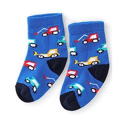 Cute Walk By Babyhug Anti Bacterial Ankle Length Socks Stripes & Construction Vehicle Design Pack Of 3 - Grey Red & Blue