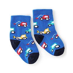 Cute Walk By Babyhug Anti Bacterial Ankle Length Socks Stripes & Construction Vehicle Design Pack Of 3 - Grey Red & Blue