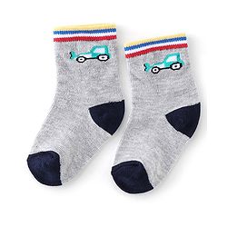 Cute Walk By Babyhug Anti Bacterial Ankle Length Socks Stripes & Construction Vehicle Design Pack Of 3 - Grey Red & Blue