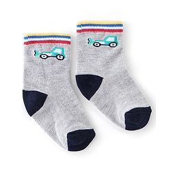 Cute Walk By Babyhug Anti Bacterial Ankle Length Socks Stripes & Construction Vehicle Design Pack Of 3 - Grey Red & Blue