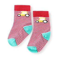 Cute Walk By Babyhug Anti Bacterial Ankle Length Socks Stripes & Construction Vehicle Design Pack Of 3 - Grey Red & Blue