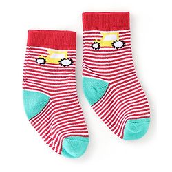Cute Walk By Babyhug Anti Bacterial Ankle Length Socks Stripes & Construction Vehicle Design Pack Of 3 - Grey Red & Blue
