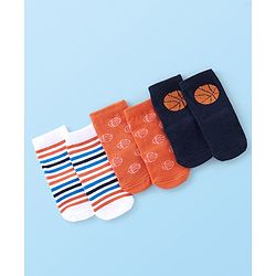 Cute Walk By Babyhug Anti Bacterial Ankle Length Socks Stripes & Basket Ball Design Pack Of 3 - Orange White & Blue