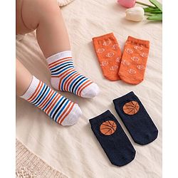Cute Walk By Babyhug Anti Bacterial Ankle Length Socks Stripes & Basket Ball Design Pack Of 3 - Orange White & Blue