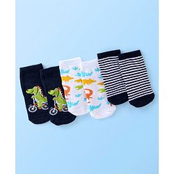 Cute Walk By Babyhug Anti Bacterial Ankle Length Socks Striped & Dino Design Pack Of 3 - Blue & White