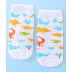 Cute Walk By Babyhug Anti Bacterial Ankle Length Socks Striped & Dino Design Pack Of 3 - Blue & White