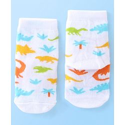 Cute Walk By Babyhug Anti Bacterial Ankle Length Socks Striped & Dino Design Pack Of 3 - Blue & White