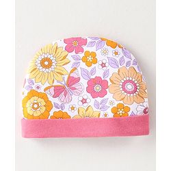 Babyhug 100% Cotton Interlock Knit Cap Floral Print - Pink & White