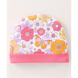 Babyhug 100% Cotton Interlock Knit Cap Floral Print - Pink & White