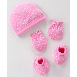 Babyhug 100% Cotton Knit Cap Mittens and Booties Polka Dot Print - Pink