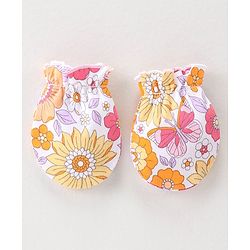 Babyhug 100% Cotton Interlock Knit Cap Mittens & Booties Set with Floral Print - Pink & White
