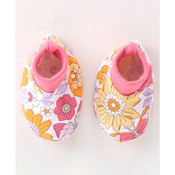 Babyhug 100% Cotton Interlock Knit Cap Mittens & Booties Set with Floral Print - Pink & White