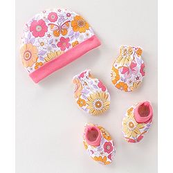 Babyhug 100% Cotton Interlock Knit Cap Mittens & Booties Set with Floral Print - Pink & White